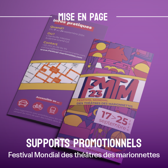 Bouton supports promotionnels  - festival mondial des théâtres des marionnettes - Mise en page - Romain Cauchie